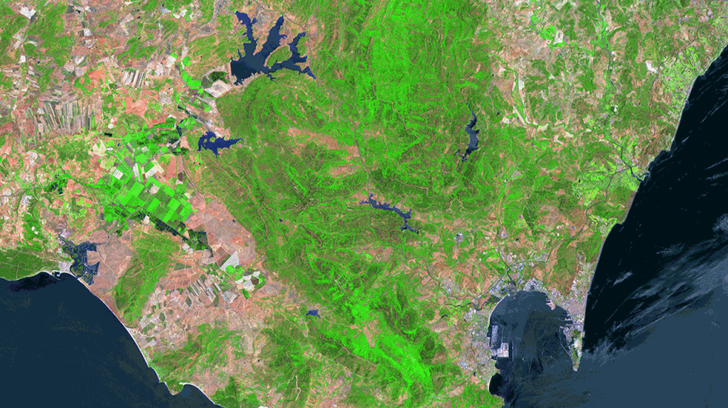 Monitorização dos cursos de água interiores.  Copyright Copernicus Sentinel data (2015)/ESA/JRC