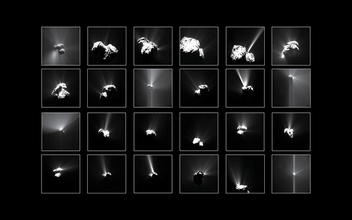 Explosões no cometa. Copyright OSIRIS: ESA/Rosetta/MPS for OSIRIS Team MPS/UPD/LAM/IAA/SSO/INTA/UPM/DASP/IDA; NavCam: ESA/Rosetta/NavCam – CC BY-SA IGO 3.0