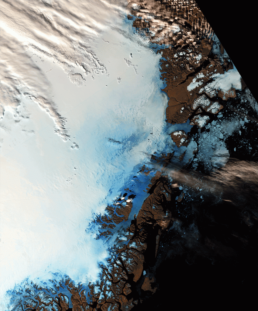 Mudanças de gelo na Gronelândia. Copyright contains modified Copernicus Sentinel data (2016), processed by ESA