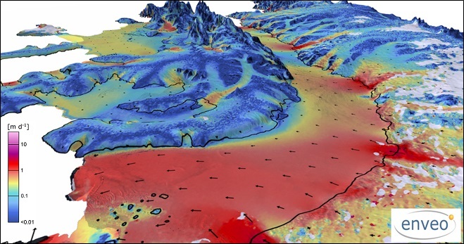 Velocidade do gelo. Copyright contains modified Copernicus Sentinel data (2014-16), processed by J. Wuite, ENVEO