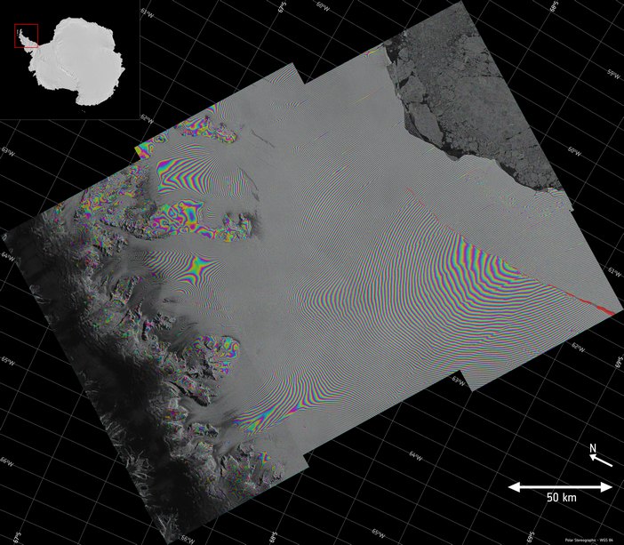 Fenda em Larsen-C. Copyright contains modified Copernicus Sentinel data (2017), processed by A. Hogg/CPOM/Priestly Centre, CC BY-SA 3.0 IGO