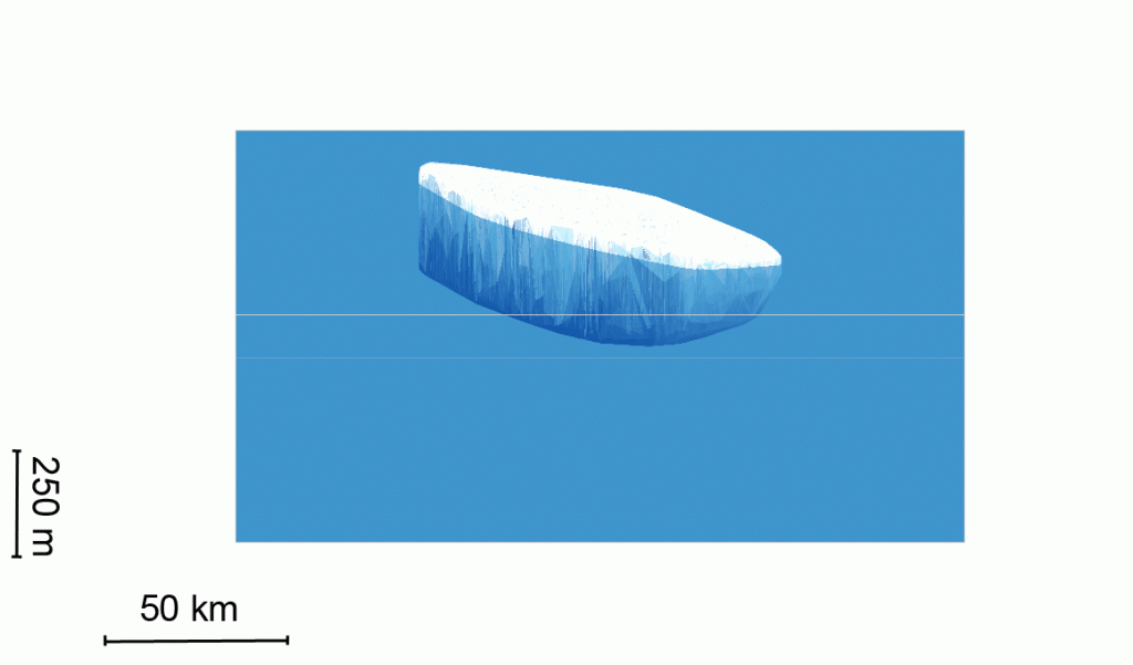 O CryoSat revela o iceberg. Copyright University of Edinburgh–N. Gourmelen