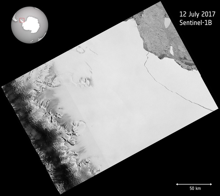 Larsen C fratura-se. Copyright contains modified Copernicus Sentinel data (2017), processed by ESA, CC BY-SA 3.0 IGO