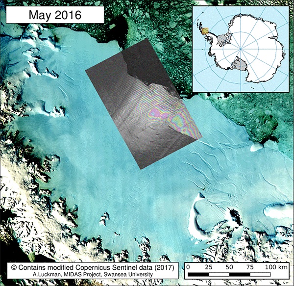 Monitorização da fissura. Copyright contains modified Copernicus Sentinel data (2016–17), processed by Swansea University