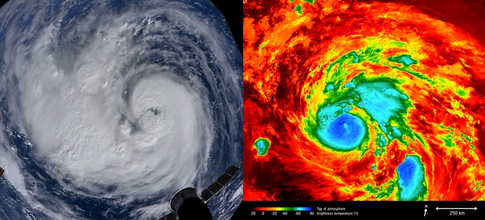 Vista dupla do furacão Harvey. Copyright Photograph: ESA/NASA; satellite image: contains modified Copernicus Sentinel data (2017), processed by ESA