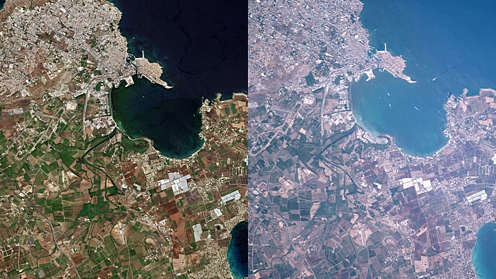 Duas vistas de Siracusa. Copyright Satellite image: contains modified Copernicus Sentinel data (2017), processed by ESA; photograph: ESA/NASA