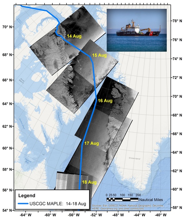 Maple’s course. The region through which the ship Maple transited 14–18 August 2017, with approximate ship locations identified in yellow on each day. The map has been overlaid with images from the Sentinel-1 radar satellite mission.